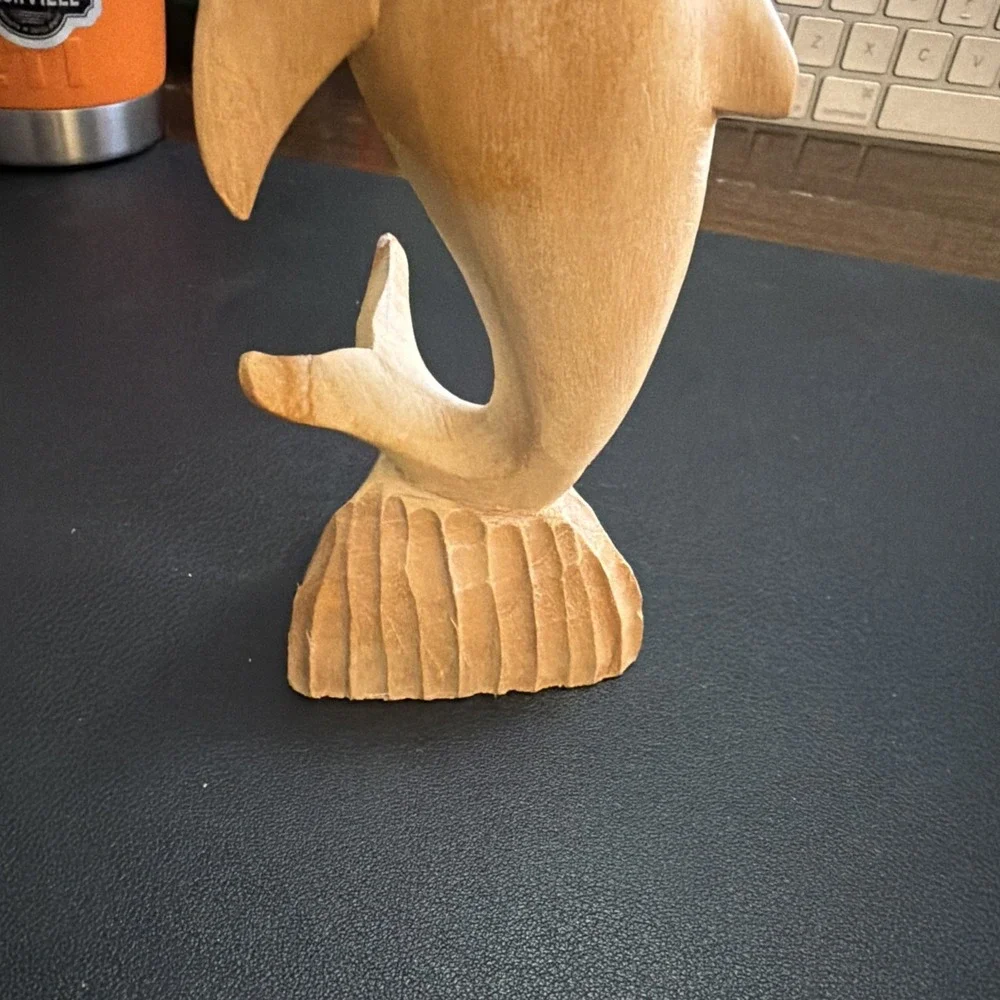 Vintage Hand Carved Wooden Dolphin Figurine On Base 6